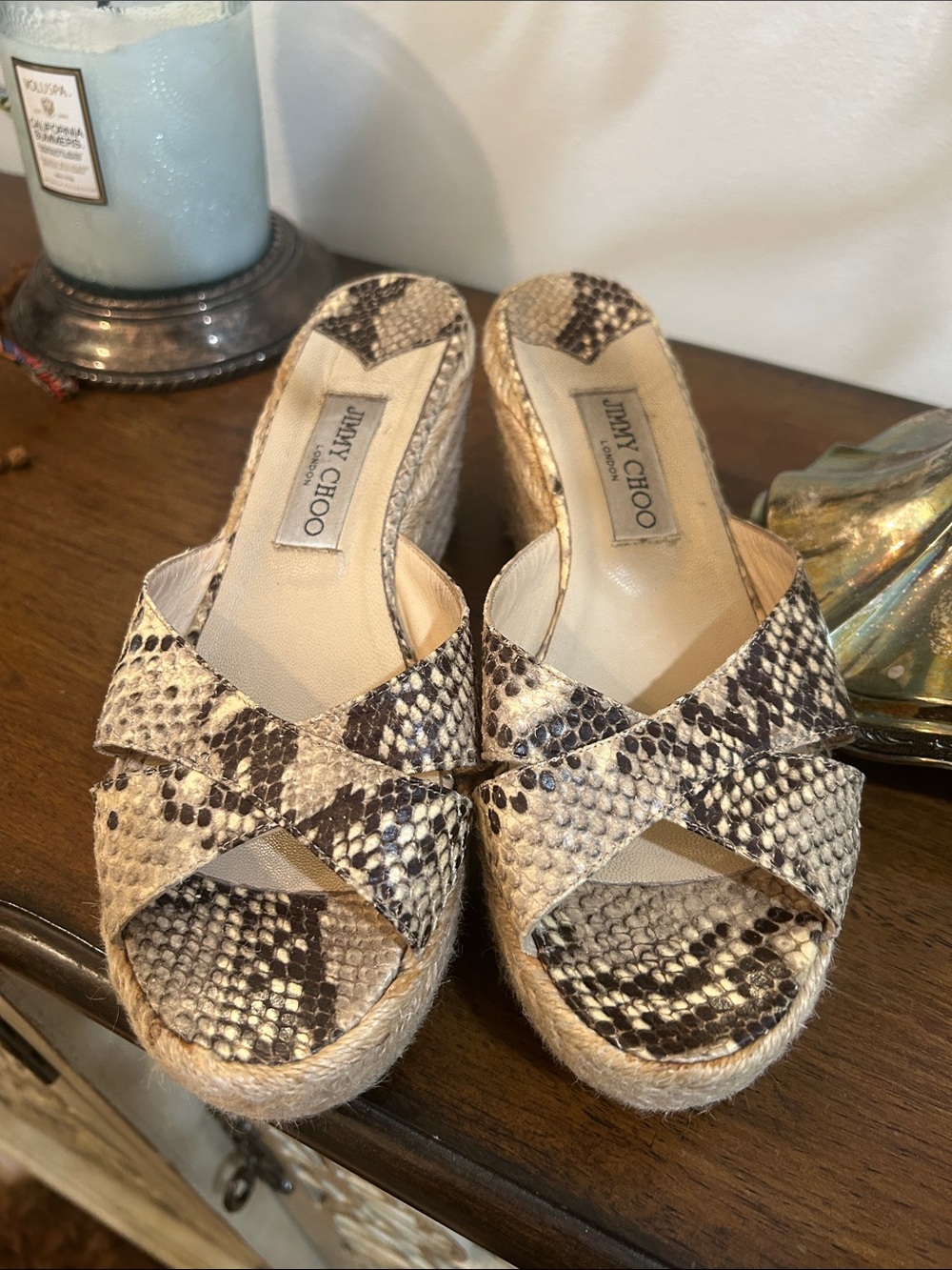 Jimmy Choo Beige and Brown Snake-Print Espadrille Wedge Sandals